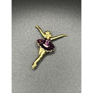 Ballerina Pin Brooch Gold-Tone & Purple w/ Rhinestone 2" Vintage‎
